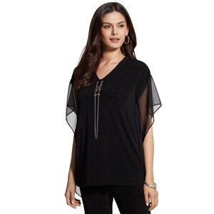 Chicos Travelers Top Womens Size 1/M Black Sheer Metal Slinky Stretchy Office
